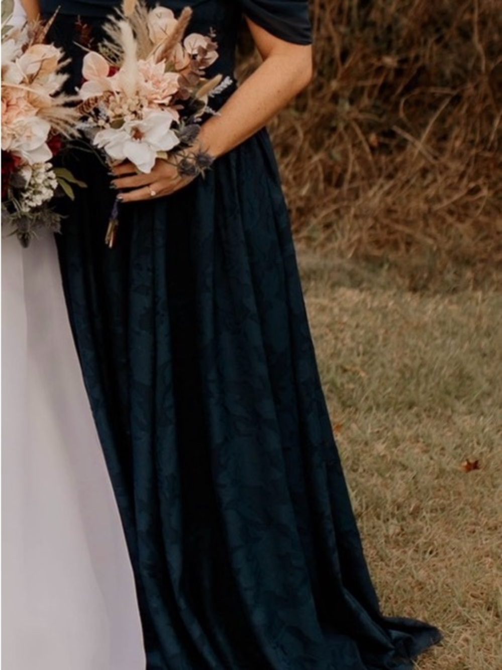 Off-Shoulder Navy Floral Jacquard Evening Gown - Picture 2 of 4